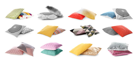 Set of different pillows on white background. Banner design