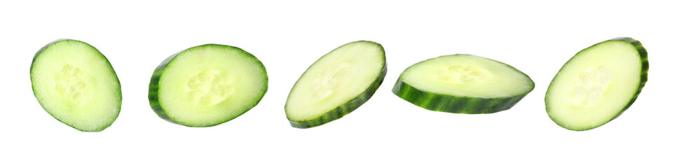 Set of fresh cucumber slices on white background. Banner design