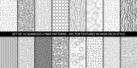 Vector set of geometric seamless patterns with microchip or circuit board elements. Monochrome textures. Technology concept. Usable as wrapping paper, website background. - 345440284