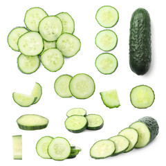 Set with fresh cucumber slices on white background