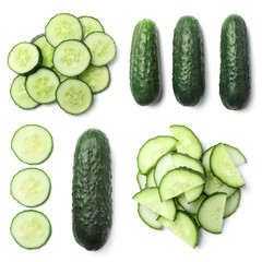 Set with sliced cucumbers on white background, top view