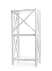 Empty wooden shelving unit isolated on white