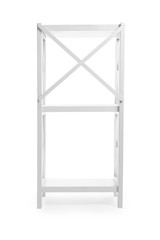 Empty wooden shelving unit isolated on white