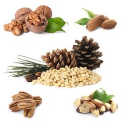 Set of different nuts on white background