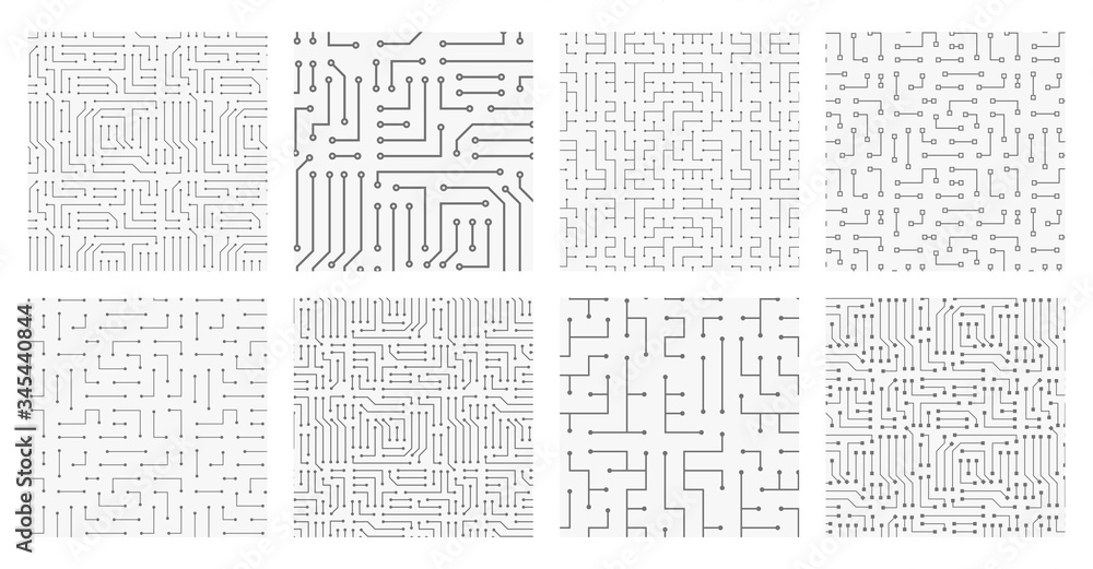 Poster collection of 8 seamless monochrome electronic pattern. vector illustrations of circuit board. cyber