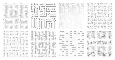 Collection of 8 seamless monochrome electronic pattern. Vector illustrations of circuit board. Cyber high-tech textures.