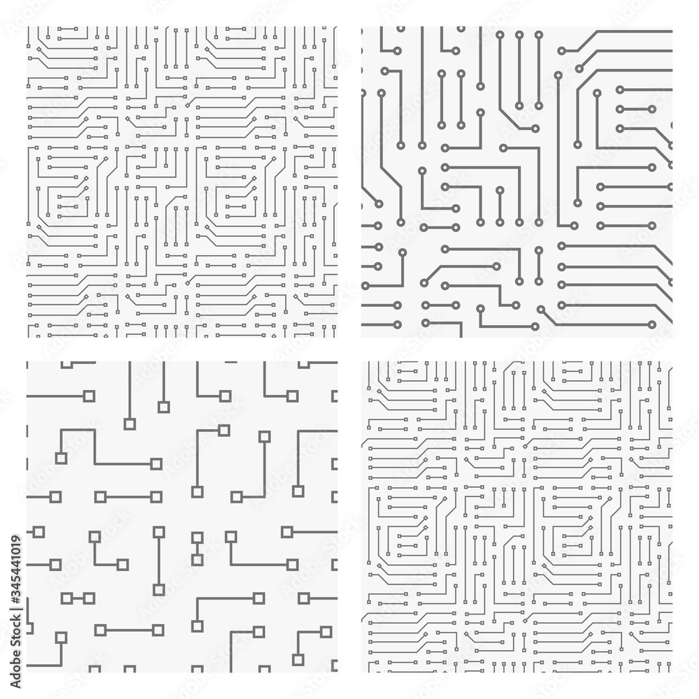 Poster collection of 4 seamless monochrome electronic pattern. vector illustrations of circuit board. cyber