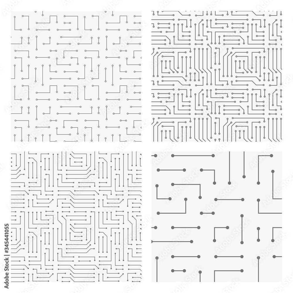 Poster collection of 4 seamless monochrome electronic pattern. vector illustrations of circuit board. cyber
