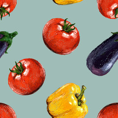 Seamless pattern with vegetables in a hand drawn doodle style. Vector illustration of healthy food.