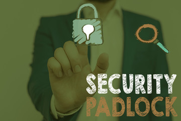 Conceptual hand writing showing Security Padlock. Concept meaning hardened steel body and double locking shackle of extra one