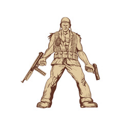 Drawing sketch style illustration of a World War Two American GI Soldier with Thompson submachine gun n rifle and .45 calibre pistol standing viewed from front  on isolated white background.