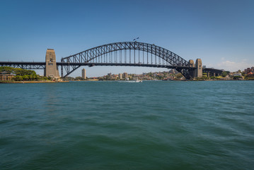 Fototapeta na wymiar In front of Sydney Harbour Bridge on a sunny day at circular quay in Sydney, Australia