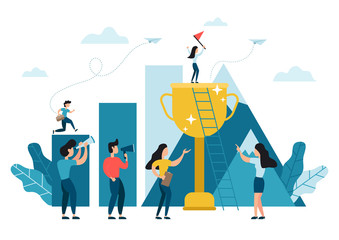 Business woman standing up on top of the big trophy cup reaching the flag, challenge carrer, path to the goal. Business concept growth to success, reach the target, creative ideas.