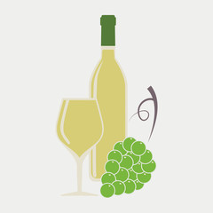 Vector silhouette of a bottle of white wine, a wineglass and a bunch of grapes on a white background.