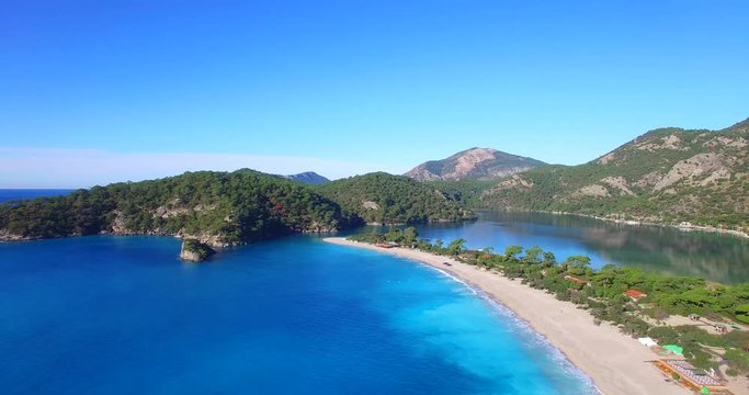 aerial drone footage of famous tourism place blue lagoon oludeniz fethiye turkey