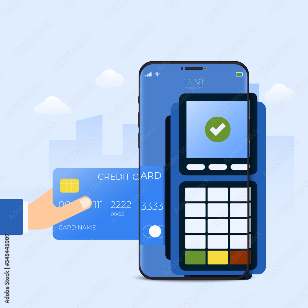 Poster online payment with mobile application technology. banking financial service on internet. vector ill