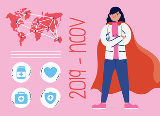 infographics covid19 with super female doctor