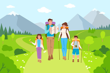 Obraz na płótnie Canvas Happy family hiking mountain landscape cartoon people. Father, mother and children traveling. Summer outdoor activities, walk in nature. Beautiful meadow, people travel, tourism. Vector illustration.