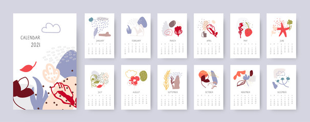 Abstract floral calendar 2021 year. Creative modern template set. Organic different shapes objects with spots, dots, lines. Simple decorative design from doodle elements. Isolated vector illustration
