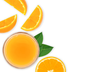 Top view fresh orange juice with leaves and orange fruit slice isolated on white background with clipping path, Flat lay with copy space