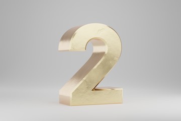 Gold 3d number 2. Golden number isolated on white background. 3d rendered font character.