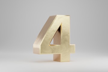 Fototapeta premium Gold 3d number 4. Golden number isolated on white background. 3d rendered font character.