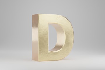 Gold 3d letter D uppercase. Golden letter isolated on white background. 3d rendered font character.