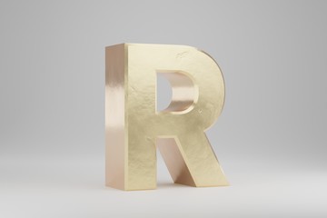 Gold 3d letter R uppercase. Golden letter isolated on white background. 3d rendered font character.