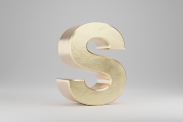 Gold 3d letter S uppercase. Golden letter isolated on white background. 3d rendered font character.
