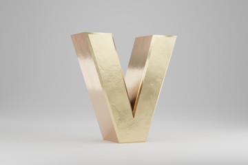 Gold 3d letter V uppercase. Golden letter isolated on white background. 3d rendered font character.