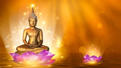 Poster Buddha statue water lotus Buddha standing on lotus flower on orange background © sarayut_sy