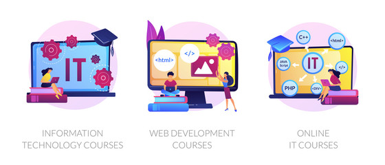 Computer science, internet education, remote studying icons set. Information technology courses, web development courses, online it courses metaphors. Vector isolated concept metaphor illustrations