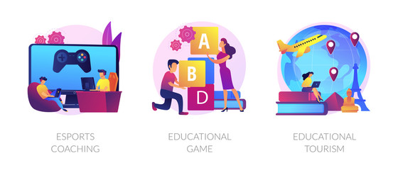 Fototapeta premium Cyber sport training, entertaining studying, worldwide travel icons set. Esports coaching, educational game, educational tourism metaphors. Vector isolated concept metaphor illustrations