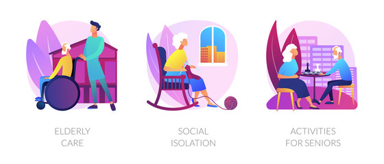 Senior people support flat icons set. Pensioners loneliness problem. Elderly care, social isolation, activities for seniors metaphors. Vector isolated concept metaphor illustrations.