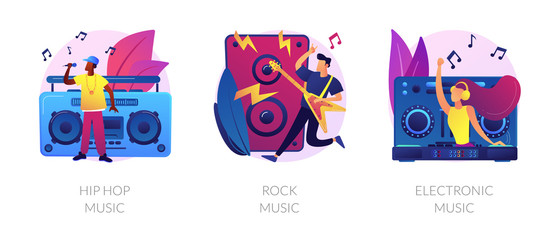 Popular music styles, retro directions. Rock n roll and 80s style disco party. Hip hop music, rock music, electronic music metaphors. Vector isolated concept metaphor illustrations.