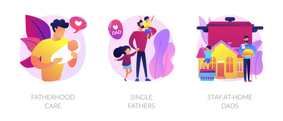 Men taking paternity leave metaphors. Caring single father, stay-at-home dad, parenting. Daddy spending time with kid. Fatherhood and childcare abstract concept vector illustration set.