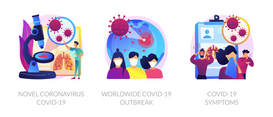 Coronavirus epidemy outbreak abstract concept vector illustration set. Novel coronavirus, covid19, world pandemic, virus spread respiratory infection, viral pneumonia symptoms abstract metaphor.