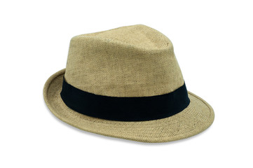 Straw beach sun hat fashion summer for men isolated on white background with clipping path. Vintage-style classic light brown color. Beautiful and helps protect the sun.