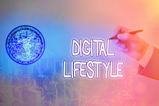 Writing note showing Digital Lifestyle. Business concept for Working over the internet World of Opportunities Elements of this image furnished by NASA