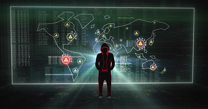 Futuristic silhouette of a hooded hacker in front of a digital code world map with infected areas. Darknet - Internet. Digital generated animation.