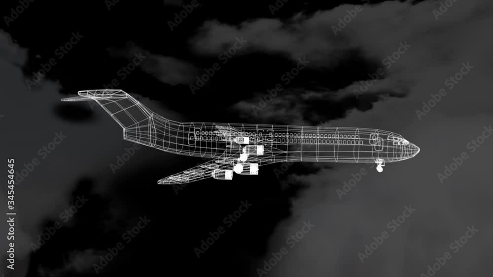 Poster animation of 3d technical drawing of model of aeroplane and clouds background