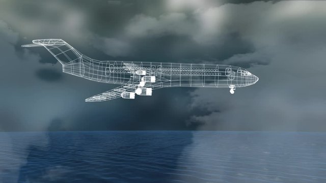 Animation of 3d technical drawing of model of aeroplane with ocean and clouds background