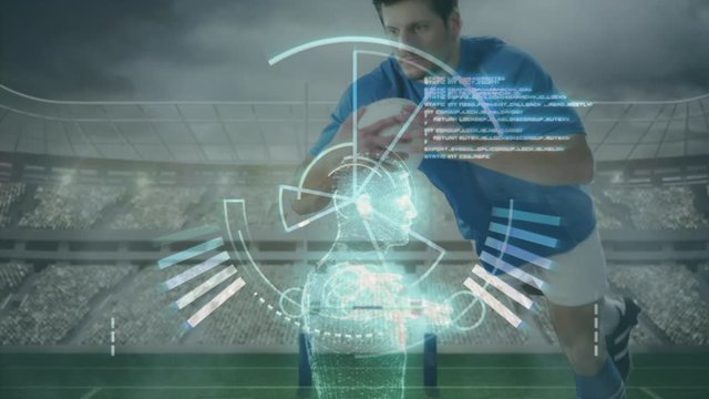 Animation of data processing with rugby player in slow motion