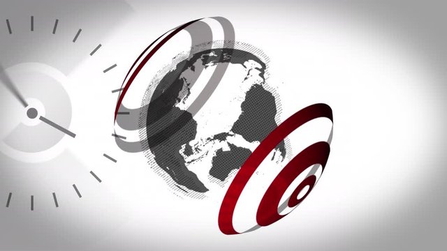 News screen with digital globe spinning surrounding by clock