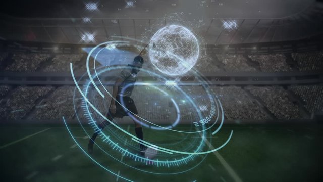 Animation of network of connections with rugby player kicking a ball