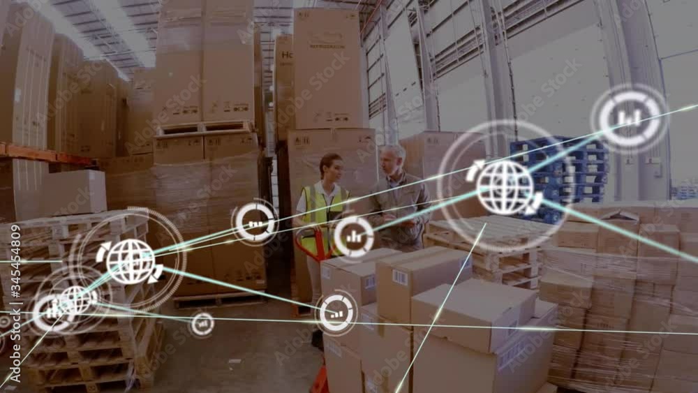 Poster animation of network connections with globe and statistics icons