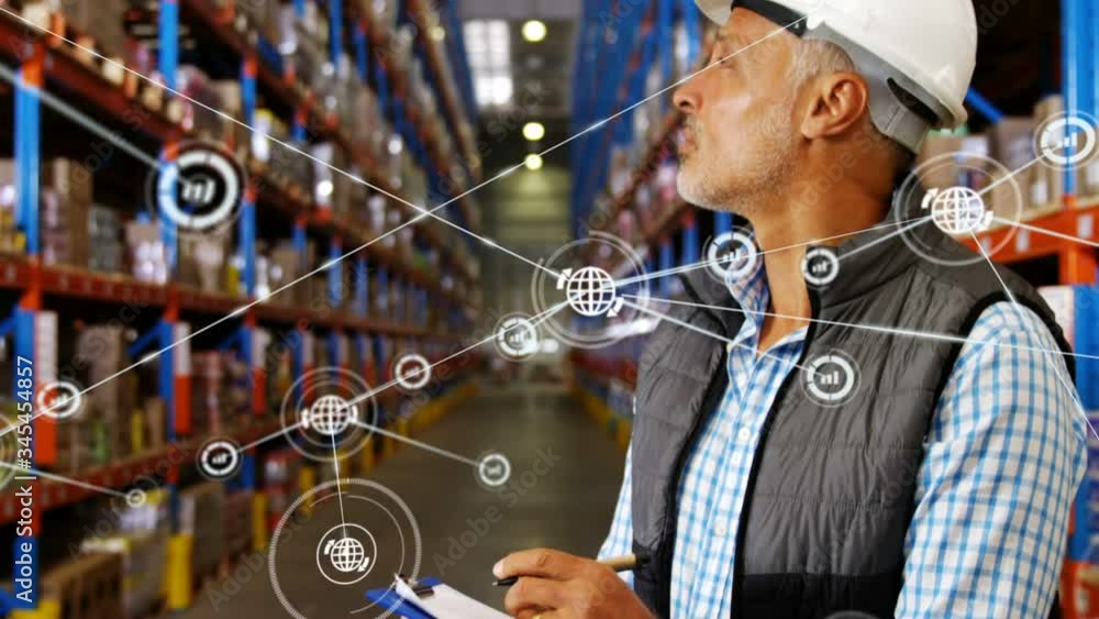Poster animation of network connections with globe and statistics icons and workers in background