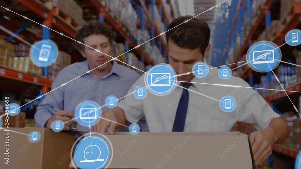 Poster animation of network connections with smartphone and laptop icons and workers in the background