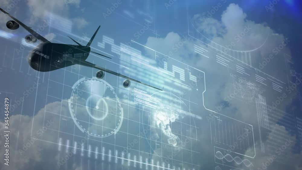 Poster animation of global network of connections with aeroplane in background