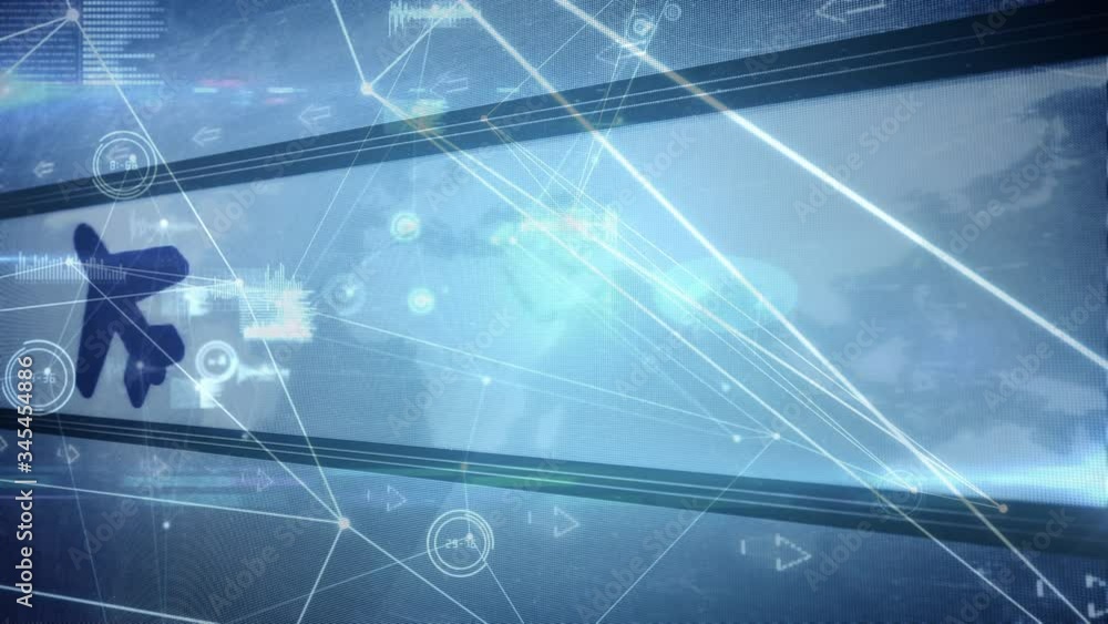 Poster animation of global network of connections with world map in background and icone like airplane and